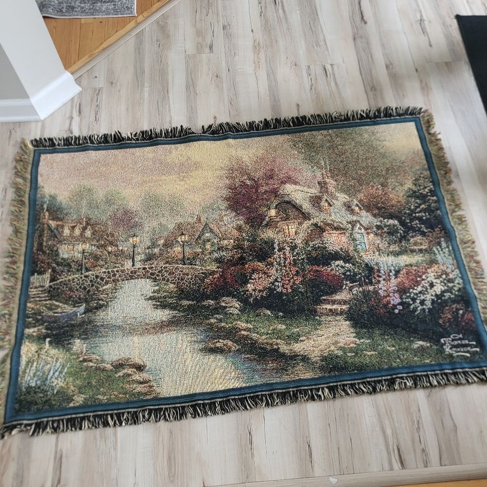 Thomas Kinkade Lamplight Bridge Canvas Blanket Fringe 68 x 46